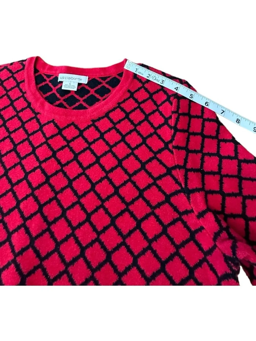 Liz Claiborne Crewneck Black Red Geometric All Day Wear Knit Sweater Women’s L